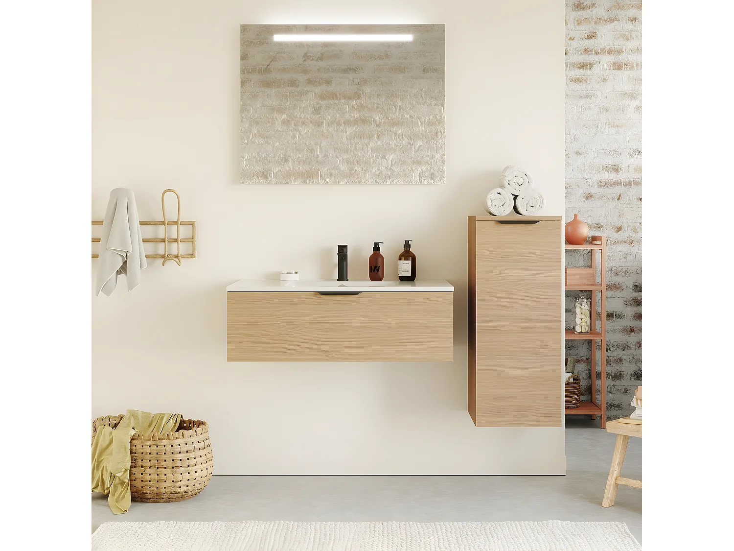 Meuble de salle de bain suspendu vasque intégrée 90cm 1 tiroir Chêne clair + miroir + colonne ouverture droite - Venice