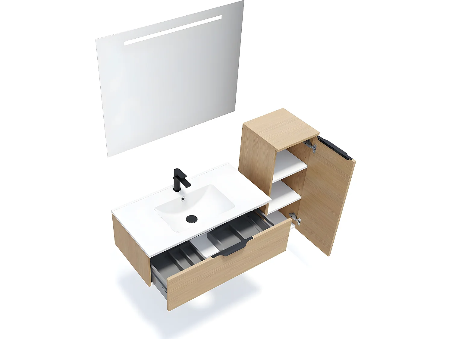 Meuble de salle de bain suspendu vasque intégrée 90cm 1 tiroir Chêne clair + miroir + colonne ouverture droite - Venice