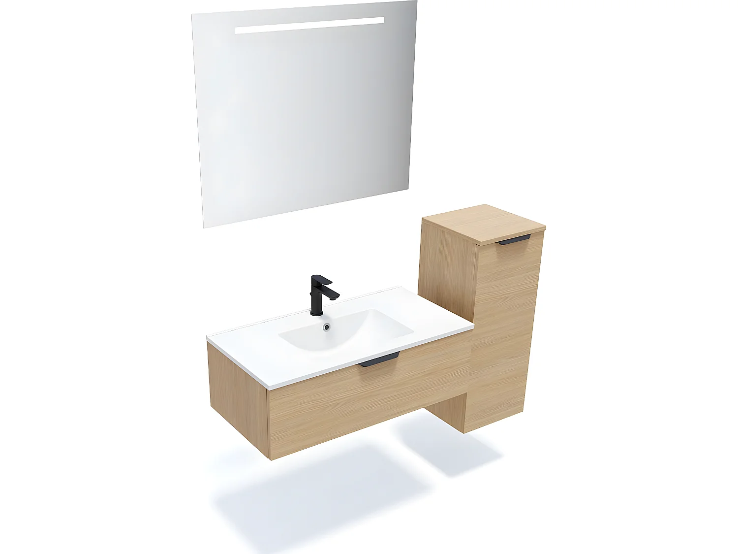 Meuble de salle de bain suspendu vasque intégrée 90cm 1 tiroir Chêne clair + miroir + colonne ouverture droite - Venice