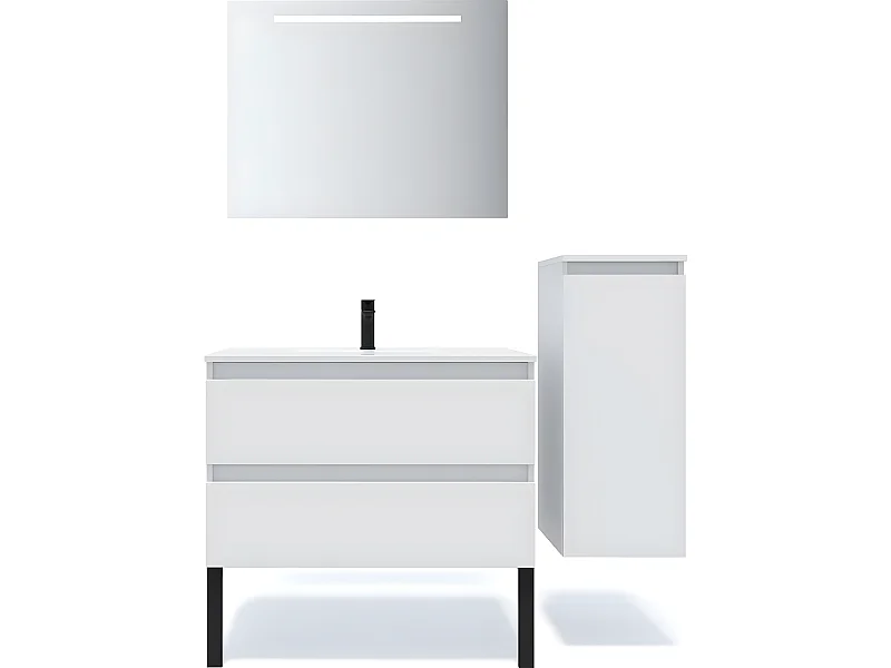 Meuble de salle de bain suspendu vasque intégrée 90cm 2 tiroirs Blanc + miroir + colonne ouverture droite - Hudson