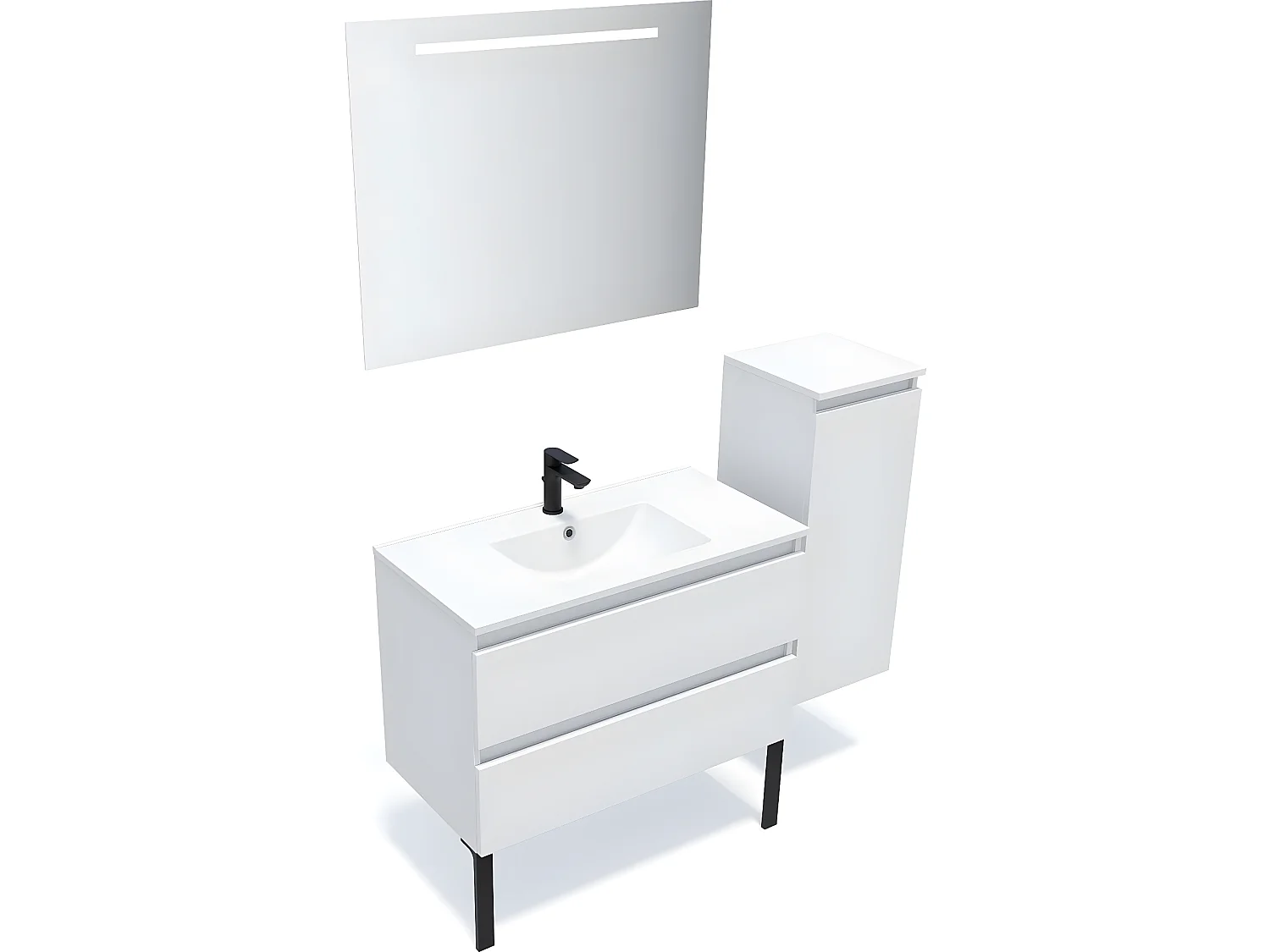 Meuble de salle de bain suspendu vasque intégrée 90cm 2 tiroirs Blanc + miroir + colonne ouverture droite - Hudson