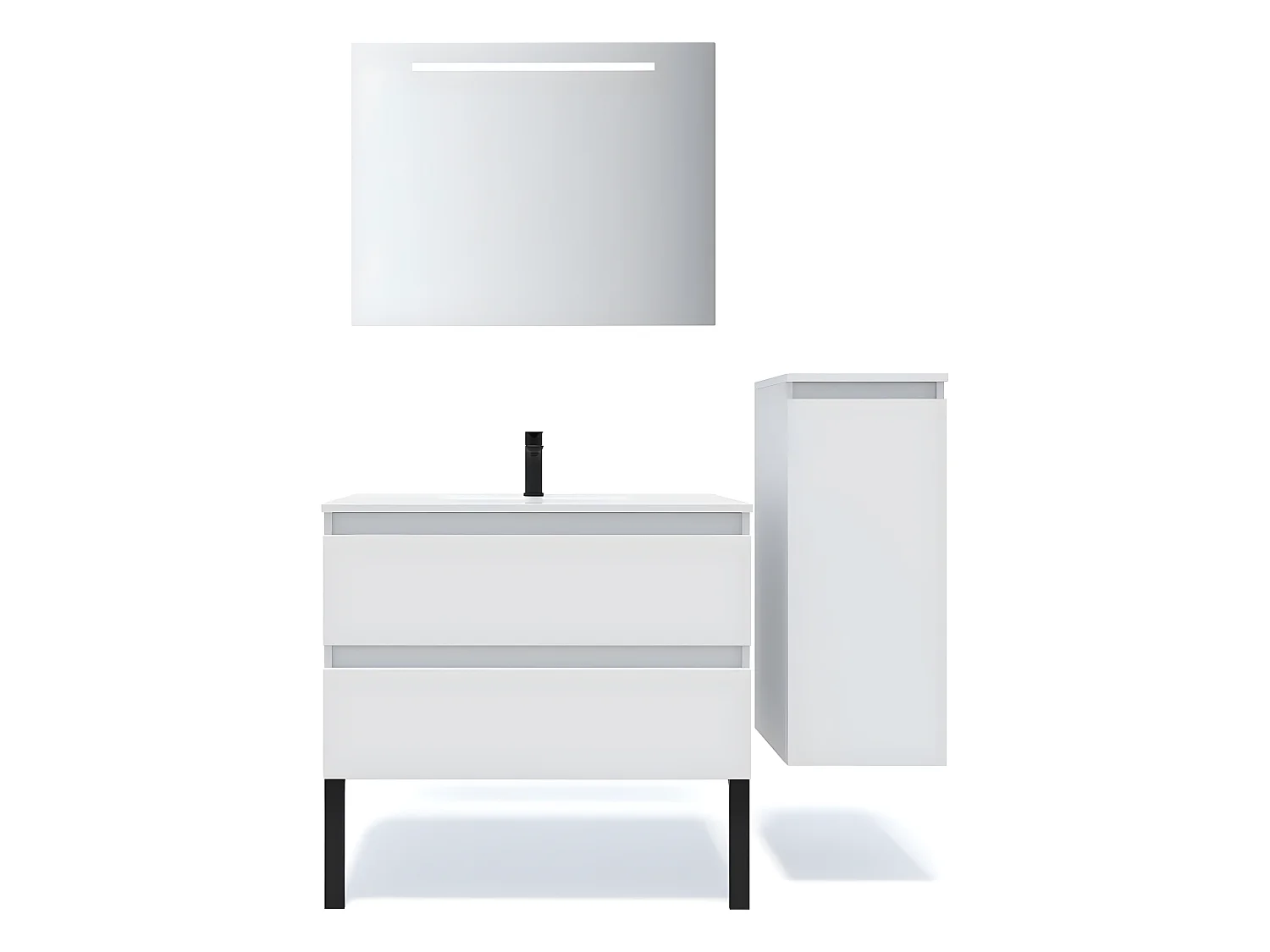Meuble de salle de bain suspendu vasque intégrée 90cm 2 tiroirs Blanc + miroir + colonne ouverture droite - Hudson