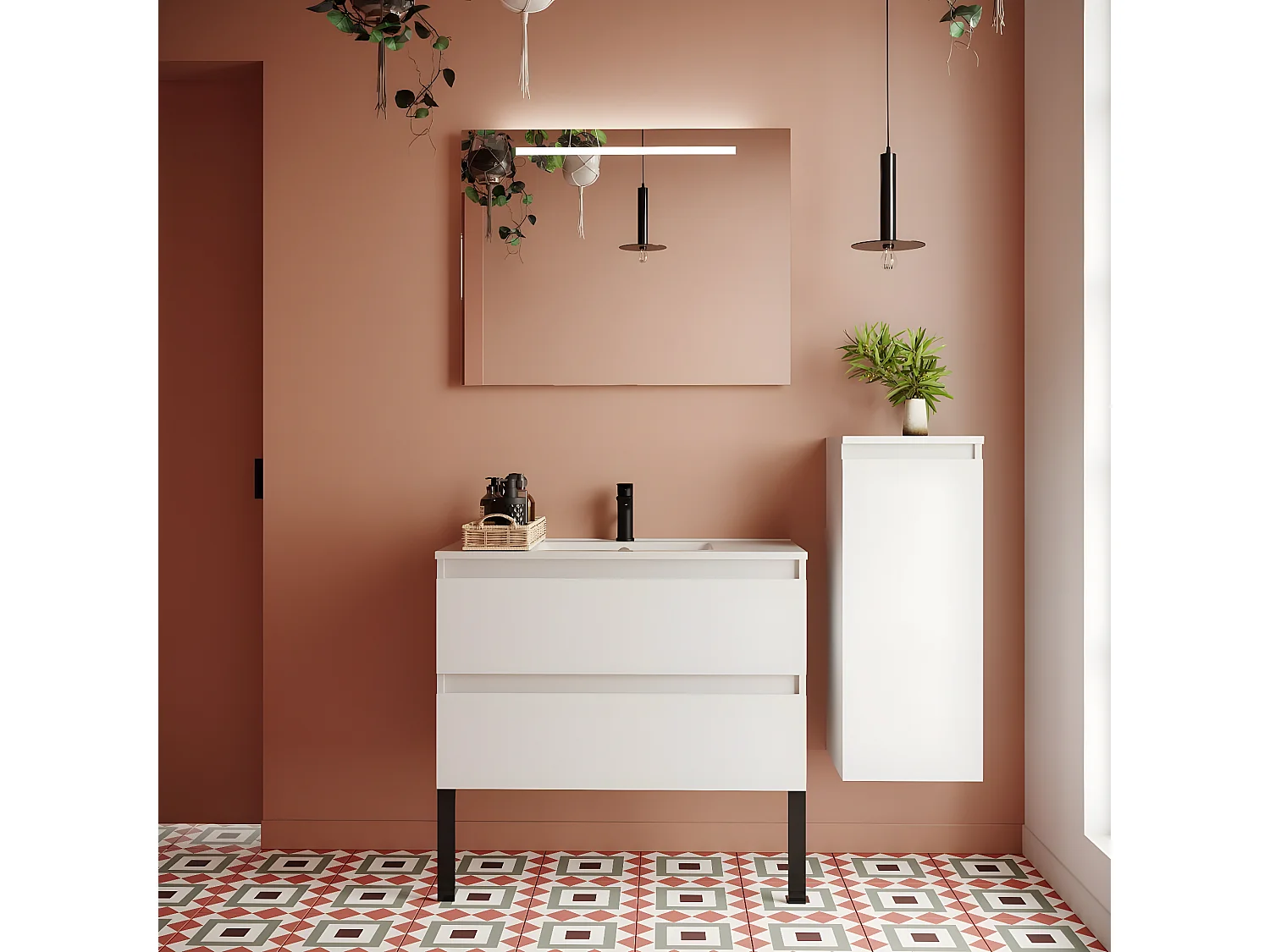 Meuble de salle de bain suspendu vasque intégrée 90cm 2 tiroirs Blanc + miroir + colonne ouverture droite - Hudson