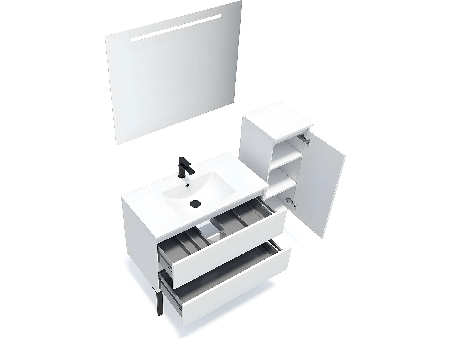 Meuble de salle de bain suspendu vasque intégrée 90cm 2 tiroirs Blanc + miroir + colonne ouverture droite - Hudson