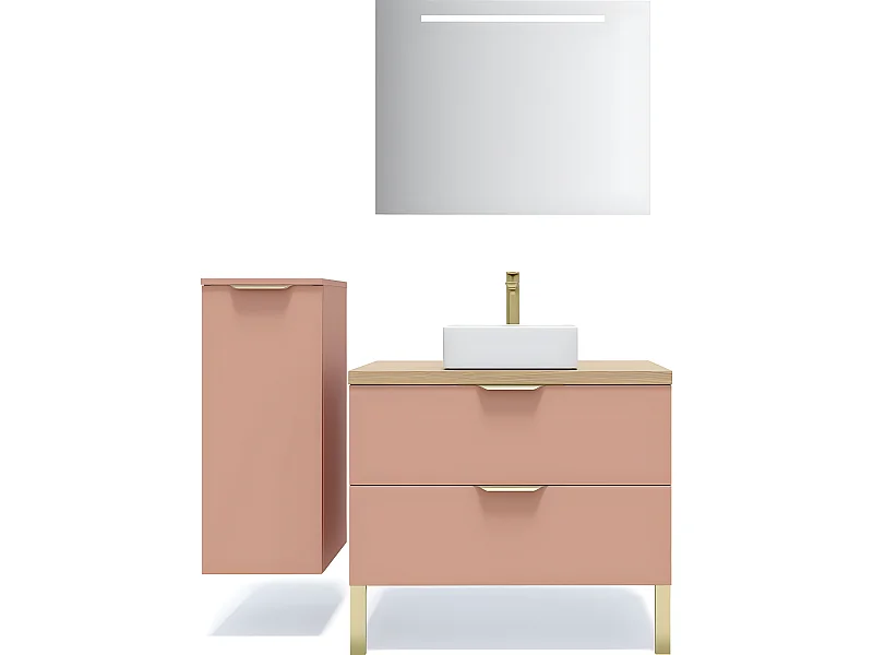 Meuble de salle de bain suspendu vasque à poser 90cm 2 tiroirs Abricot + miroir + colonne ouverture gauche - Venice