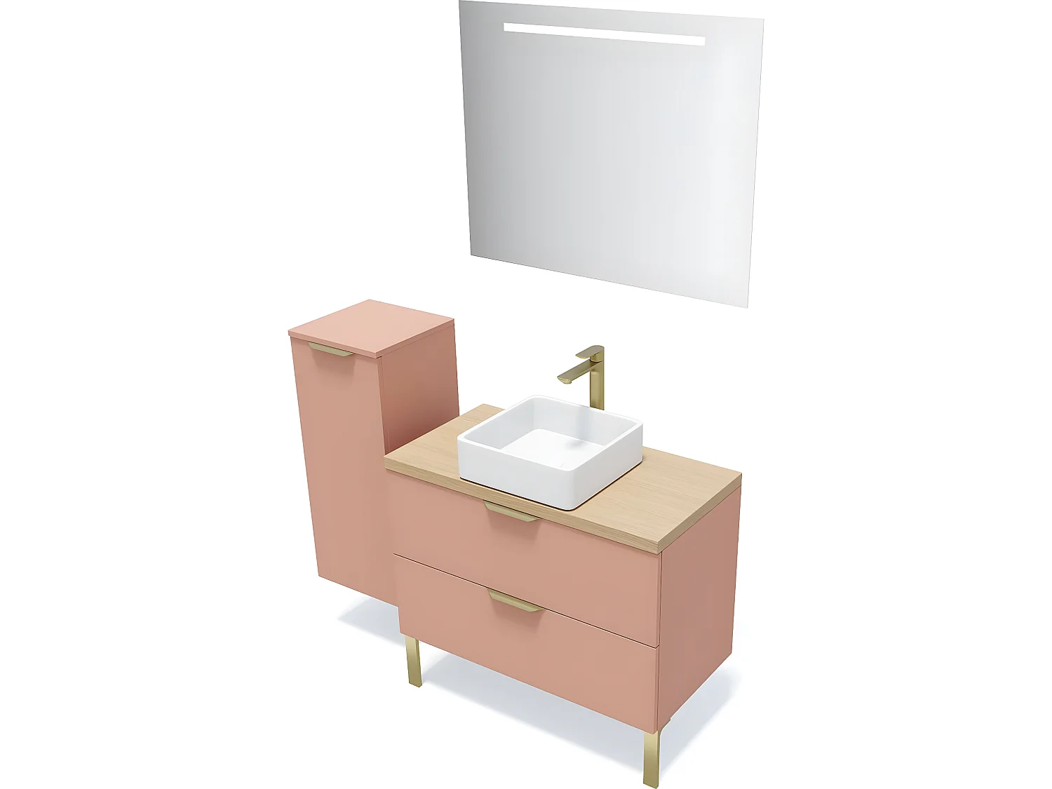 Meuble de salle de bain suspendu vasque à poser 90cm 2 tiroirs Abricot + miroir + colonne ouverture gauche - Venice