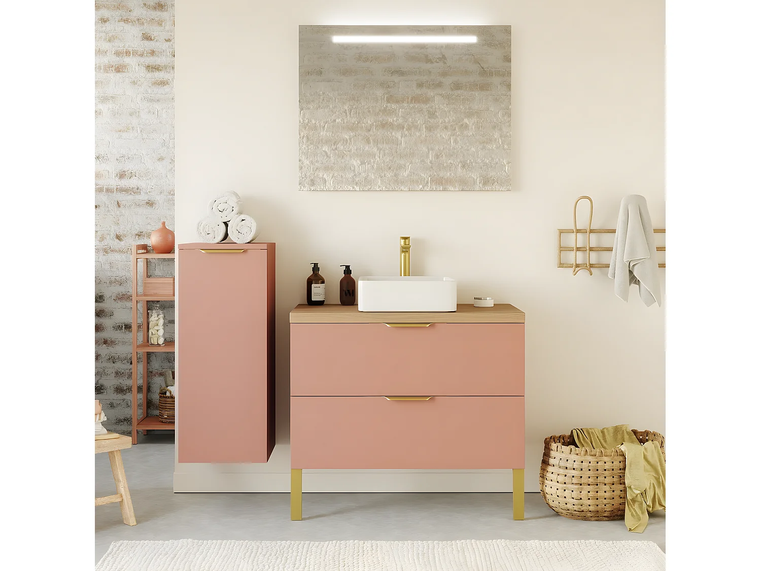 Meuble de salle de bain suspendu vasque à poser 90cm 2 tiroirs Abricot + miroir + colonne ouverture gauche - Venice