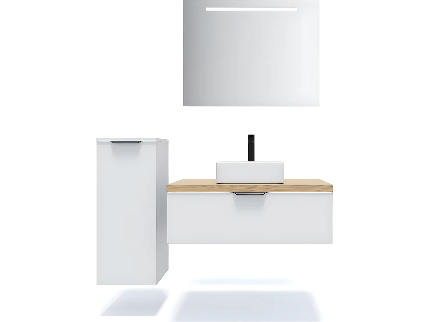 Meuble de salle de bain suspendu vasque à poser 90cm 1 tiroir Blanc + miroir + colonne ouverture gauche - Soho