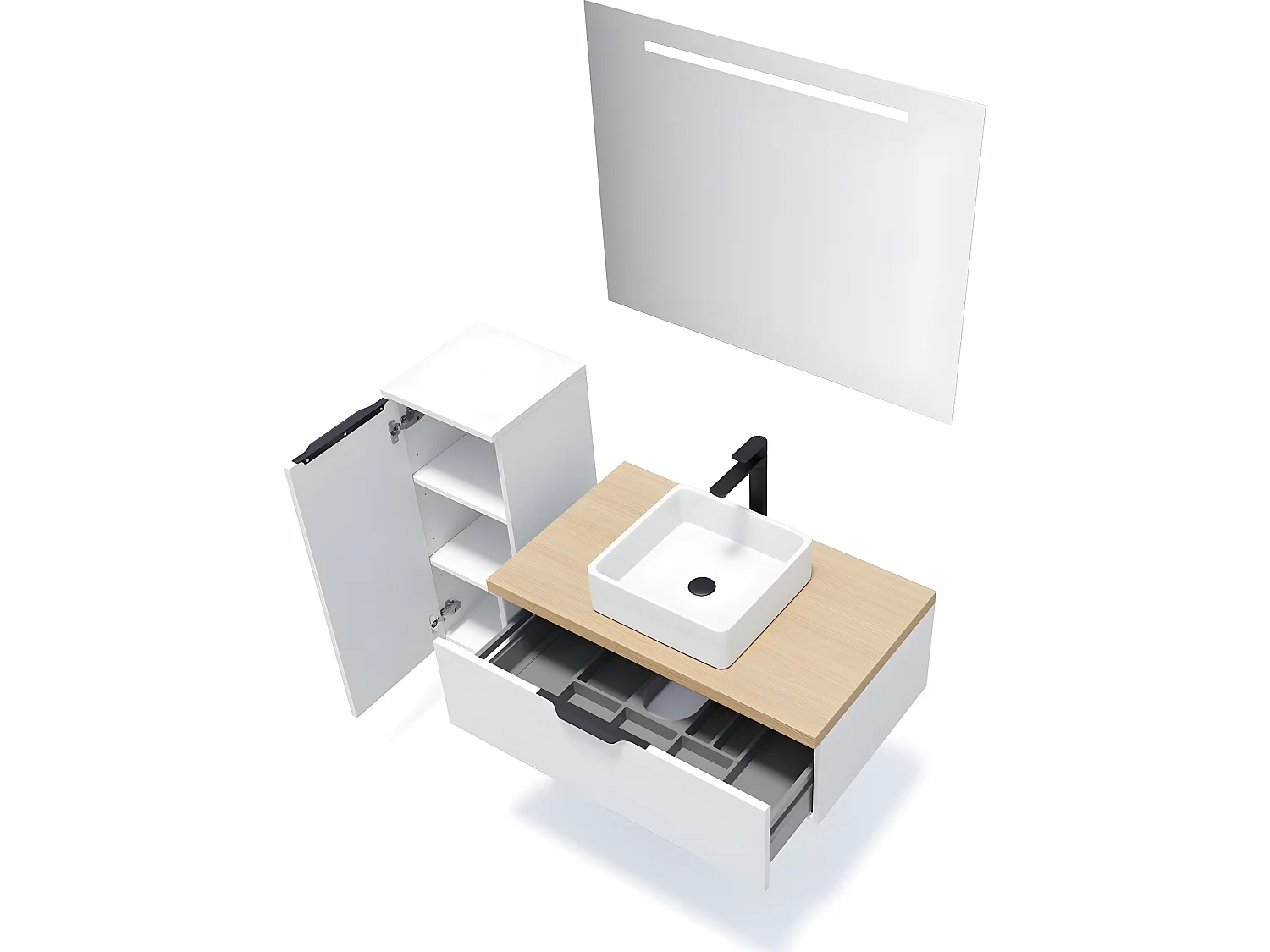 Meuble de salle de bain suspendu vasque à poser 90cm 1 tiroir Blanc + miroir + colonne ouverture gauche - Soho