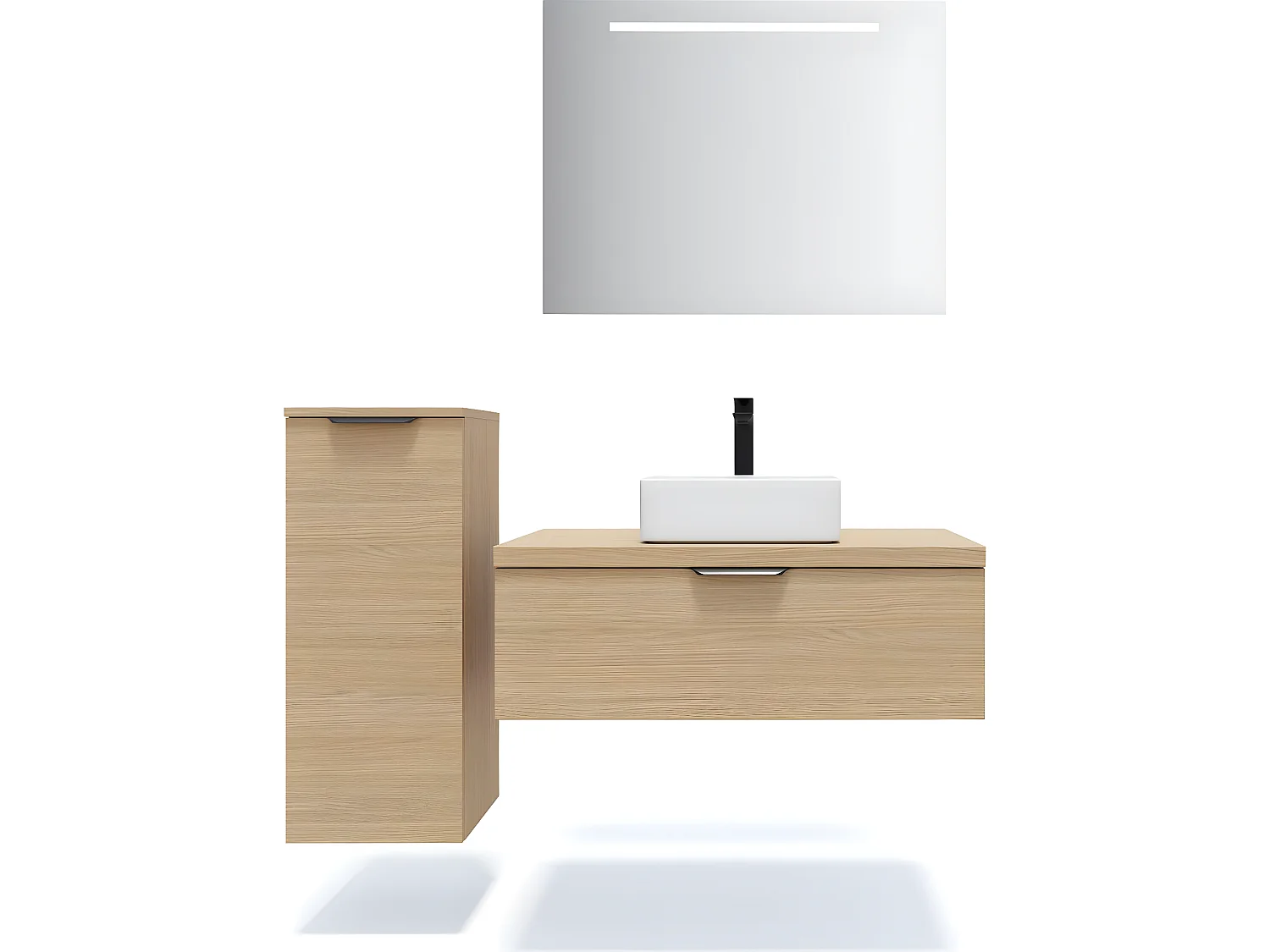 Meuble de salle de bain suspendu vasque à poser 90cm 1 tiroir Chêne clair + miroir + colonne ouverture gauche - Soho