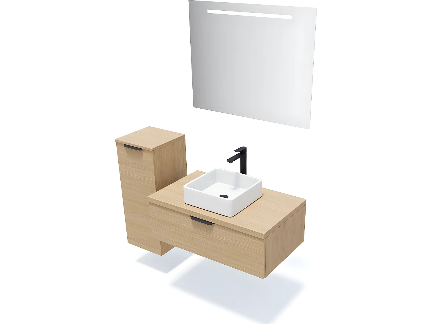 Meuble de salle de bain suspendu vasque à poser 90cm 1 tiroir Chêne clair + miroir + colonne ouverture gauche - Soho