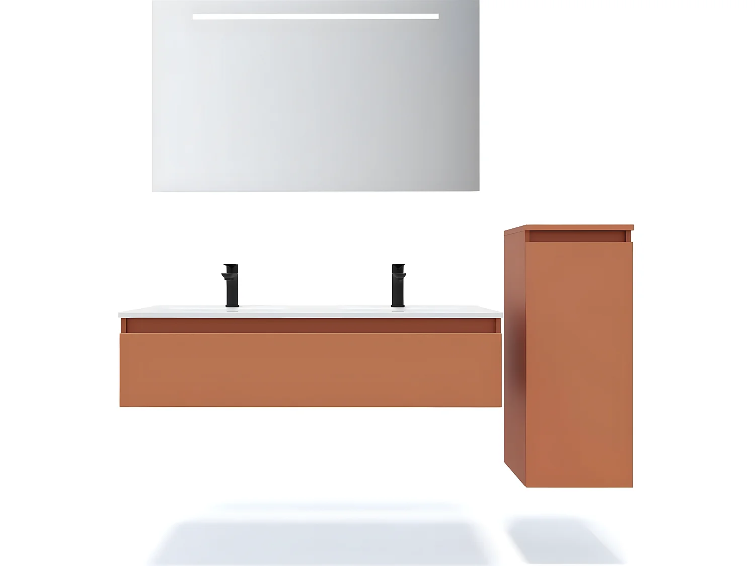 Meuble de salle de bain suspendu double vasque intégrée 120cm 1 tiroir Terracotta + miroir + colonne ouverture droite - Hudson