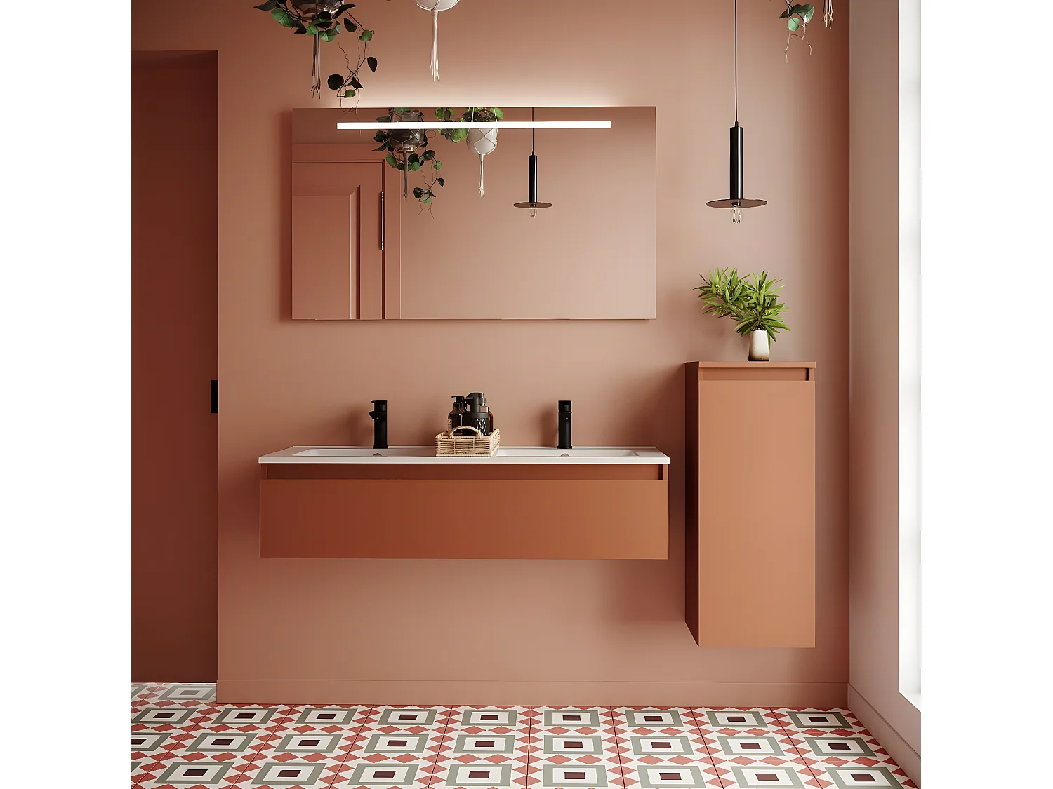 Meuble de salle de bain suspendu double vasque intégrée 120cm 1 tiroir Terracotta + miroir + colonne ouverture droite - Hudson