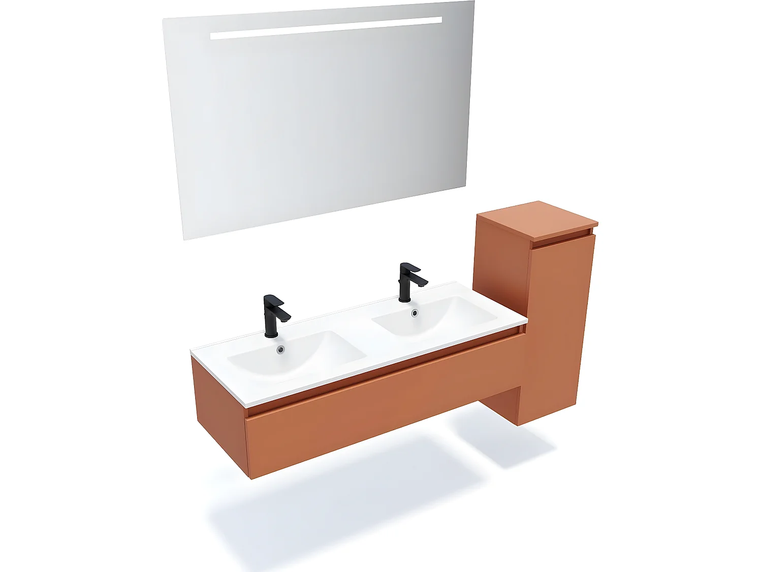 Meuble de salle de bain suspendu double vasque intégrée 120cm 1 tiroir Terracotta + miroir + colonne ouverture droite - Hudson