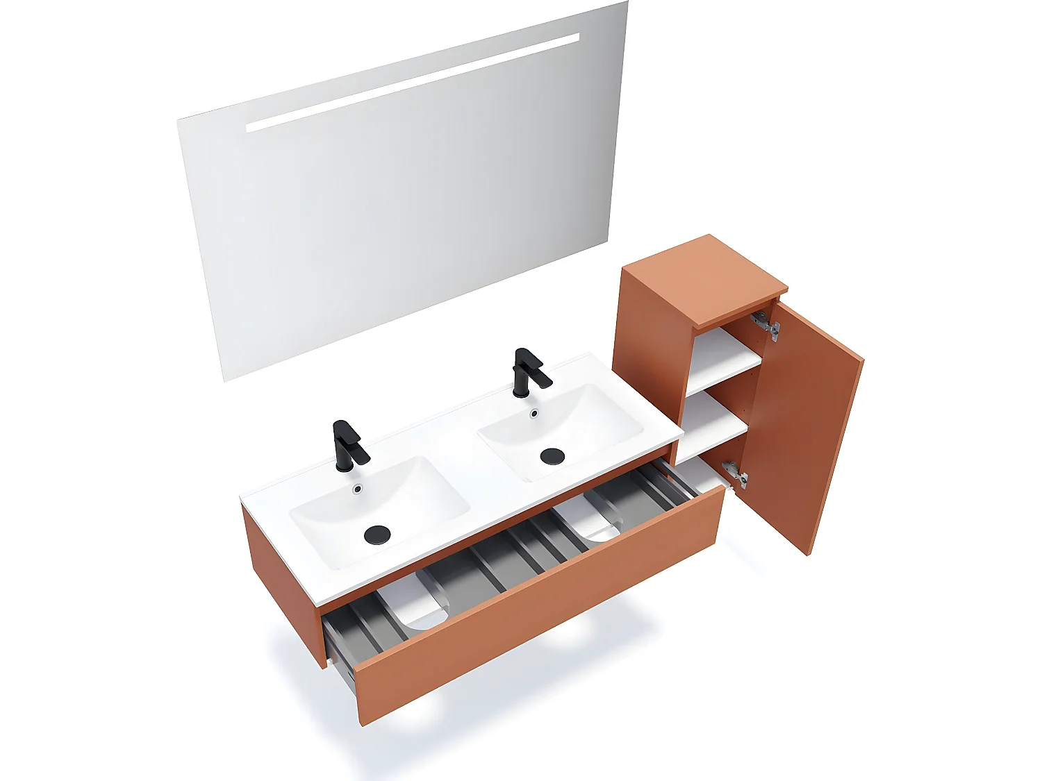 Meuble de salle de bain suspendu double vasque intégrée 120cm 1 tiroir Terracotta + miroir + colonne ouverture droite - Hudson