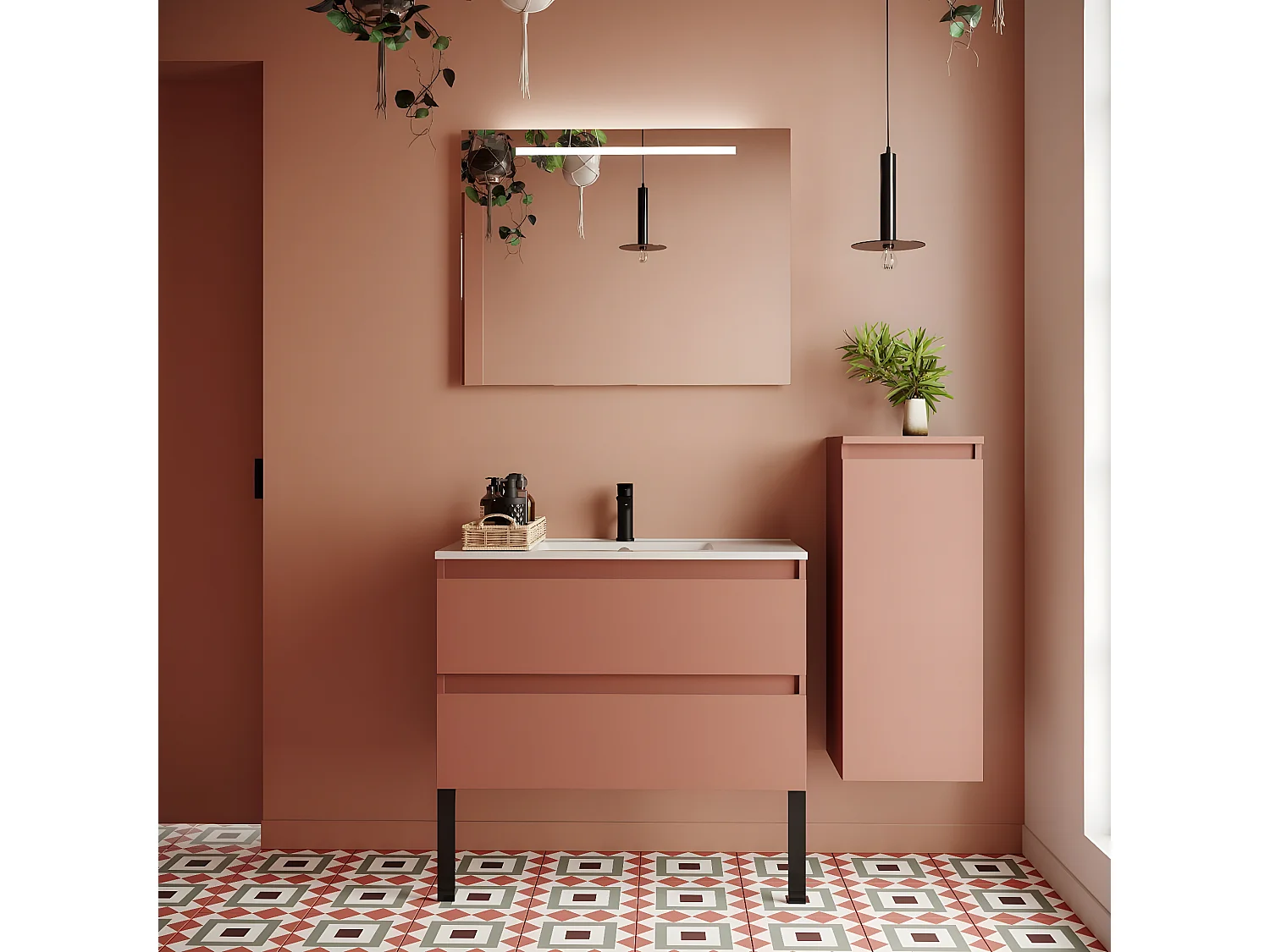 Meuble de salle de bain suspendu vasque intégrée 90cm 2 tiroirs Abricot + miroir + colonne ouverture droite - Hudson