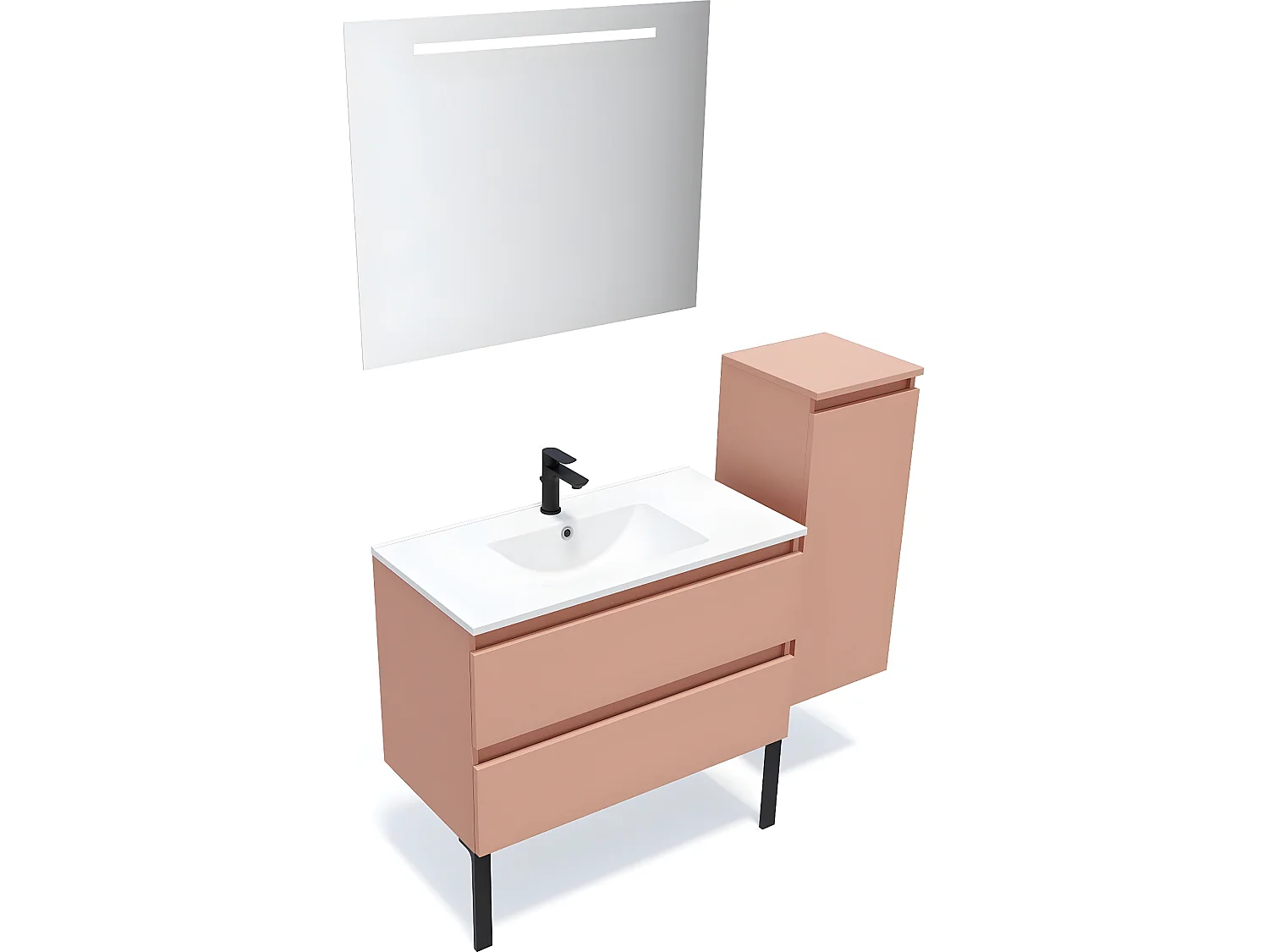 Meuble de salle de bain suspendu vasque intégrée 90cm 2 tiroirs Abricot + miroir + colonne ouverture droite - Hudson