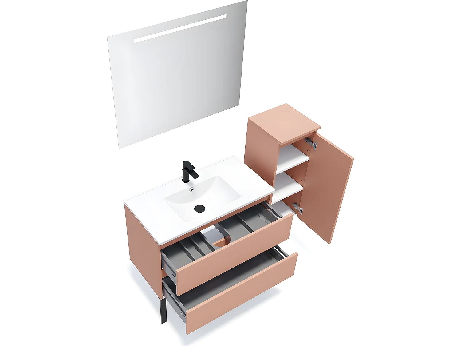 Meuble de salle de bain suspendu vasque intégrée 90cm 2 tiroirs Abricot + miroir + colonne ouverture droite - Hudson