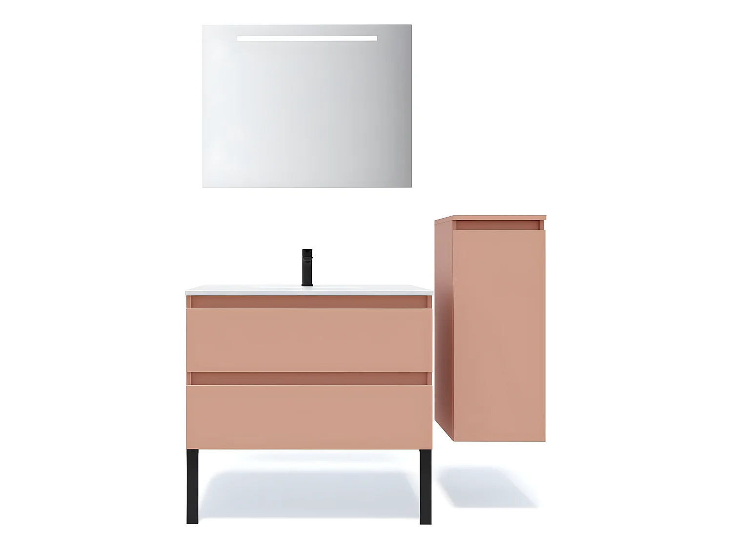 Meuble de salle de bain suspendu vasque intégrée 90cm 2 tiroirs Abricot + miroir + colonne ouverture droite - Hudson