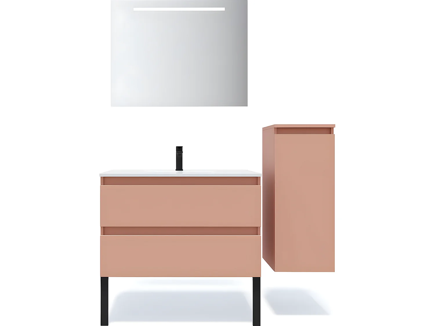 Meuble de salle de bain suspendu vasque intégrée 90cm 2 tiroirs Abricot + miroir + colonne ouverture droite - Hudson