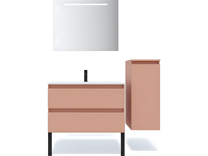 Meuble de salle de bain suspendu vasque intégrée 90cm 2 tiroirs Abricot + miroir + colonne ouverture droite - Hudson