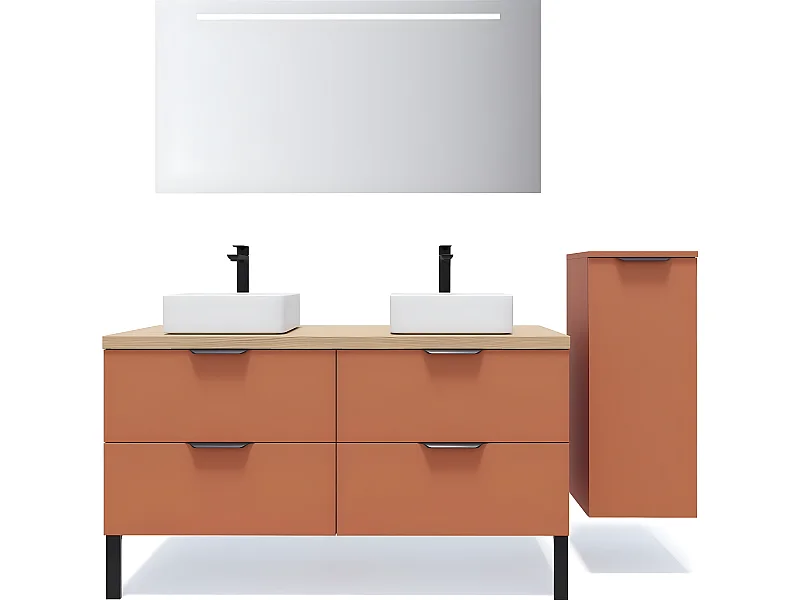 Meuble de salle de bain suspendu 2 vasques à poser 140cm 4 tiroirs Terracotta + miroir + colonne ouverture droite - Soho