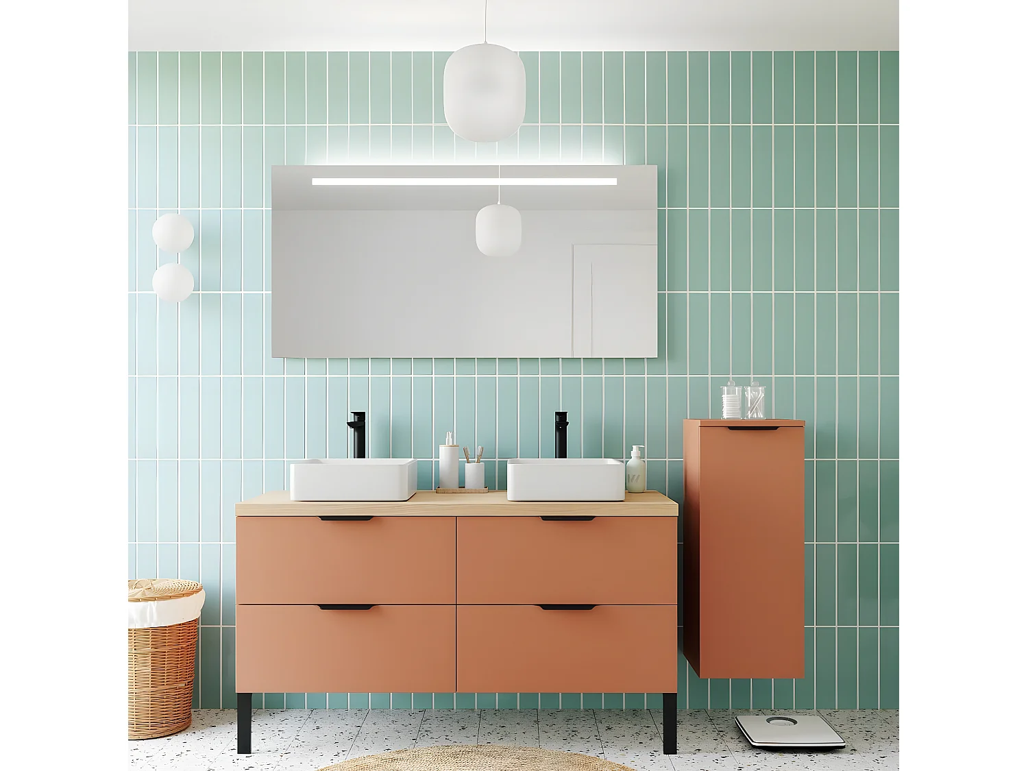 Meuble de salle de bain suspendu 2 vasques à poser 140cm 4 tiroirs Terracotta + miroir + colonne ouverture droite - Soho