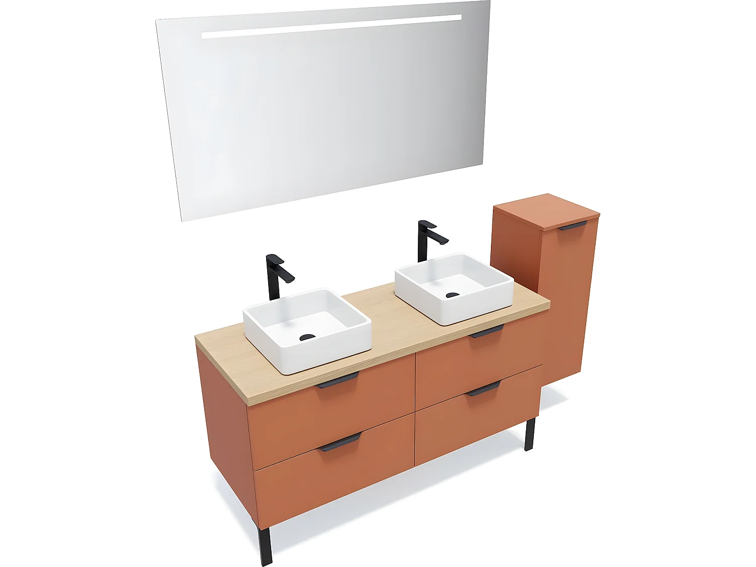 Meuble de salle de bain suspendu 2 vasques à poser 140cm 4 tiroirs Terracotta + miroir + colonne ouverture droite - Soho