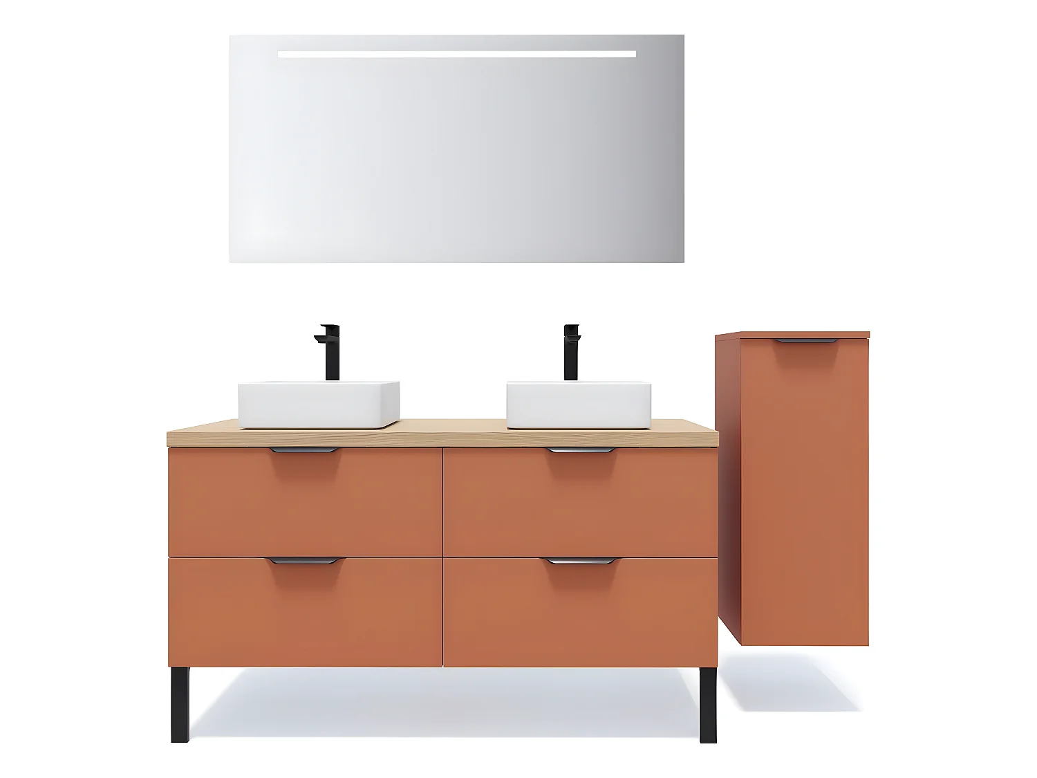 Meuble de salle de bain suspendu 2 vasques à poser 140cm 4 tiroirs Terracotta + miroir + colonne ouverture droite - Soho
