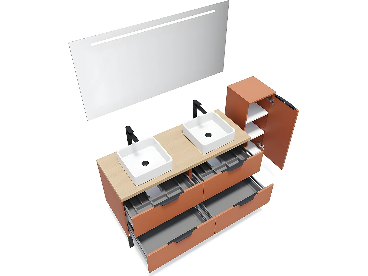 Meuble de salle de bain suspendu 2 vasques à poser 140cm 4 tiroirs Terracotta + miroir + colonne ouverture droite - Soho