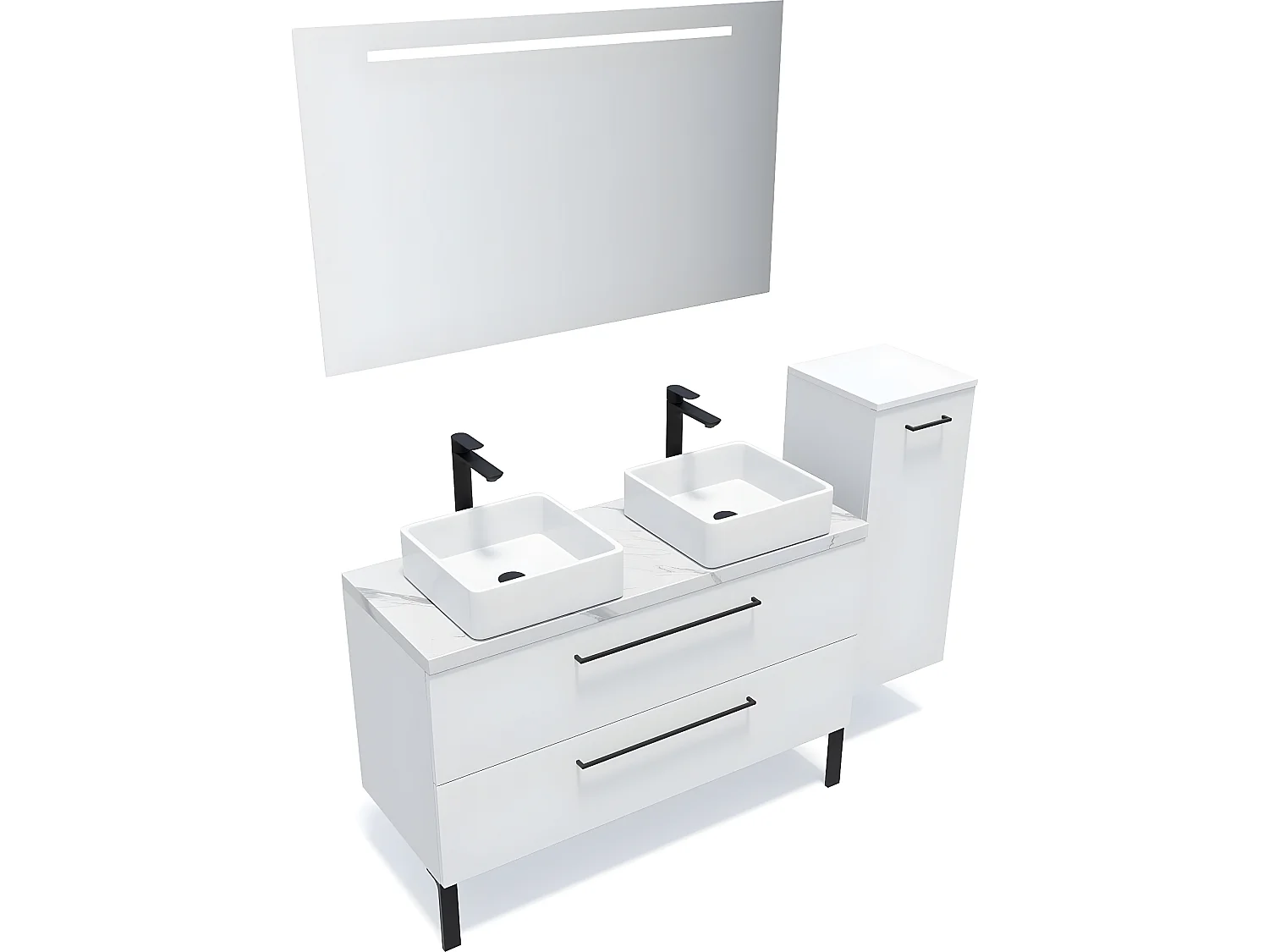 Meuble de salle de bain suspendu 2 vasques à poser 120cm 2 tiroirs Blanc + miroir + colonne ouverture droite - Glasgow