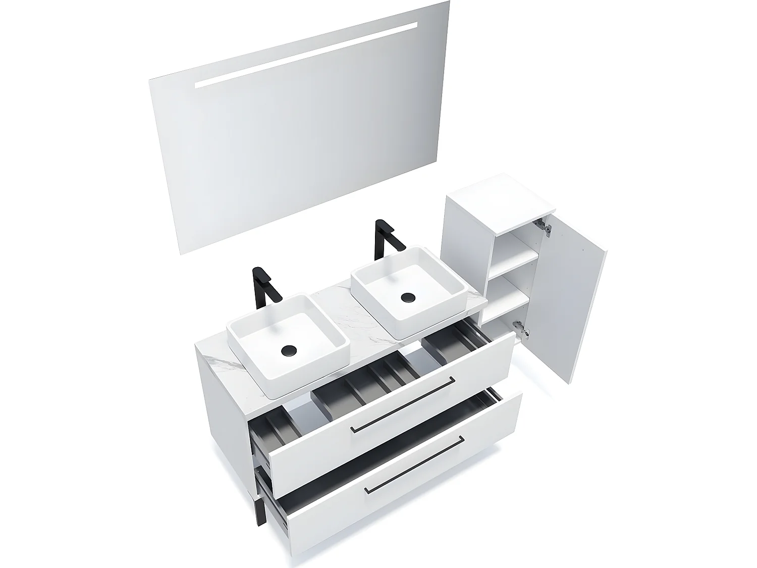 Meuble de salle de bain suspendu 2 vasques à poser 120cm 2 tiroirs Blanc + miroir + colonne ouverture droite - Glasgow