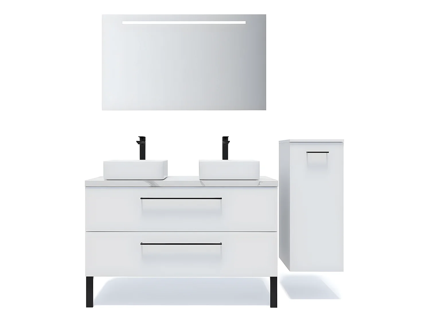 Meuble de salle de bain suspendu 2 vasques à poser 120cm 2 tiroirs Blanc + miroir + colonne ouverture droite - Glasgow