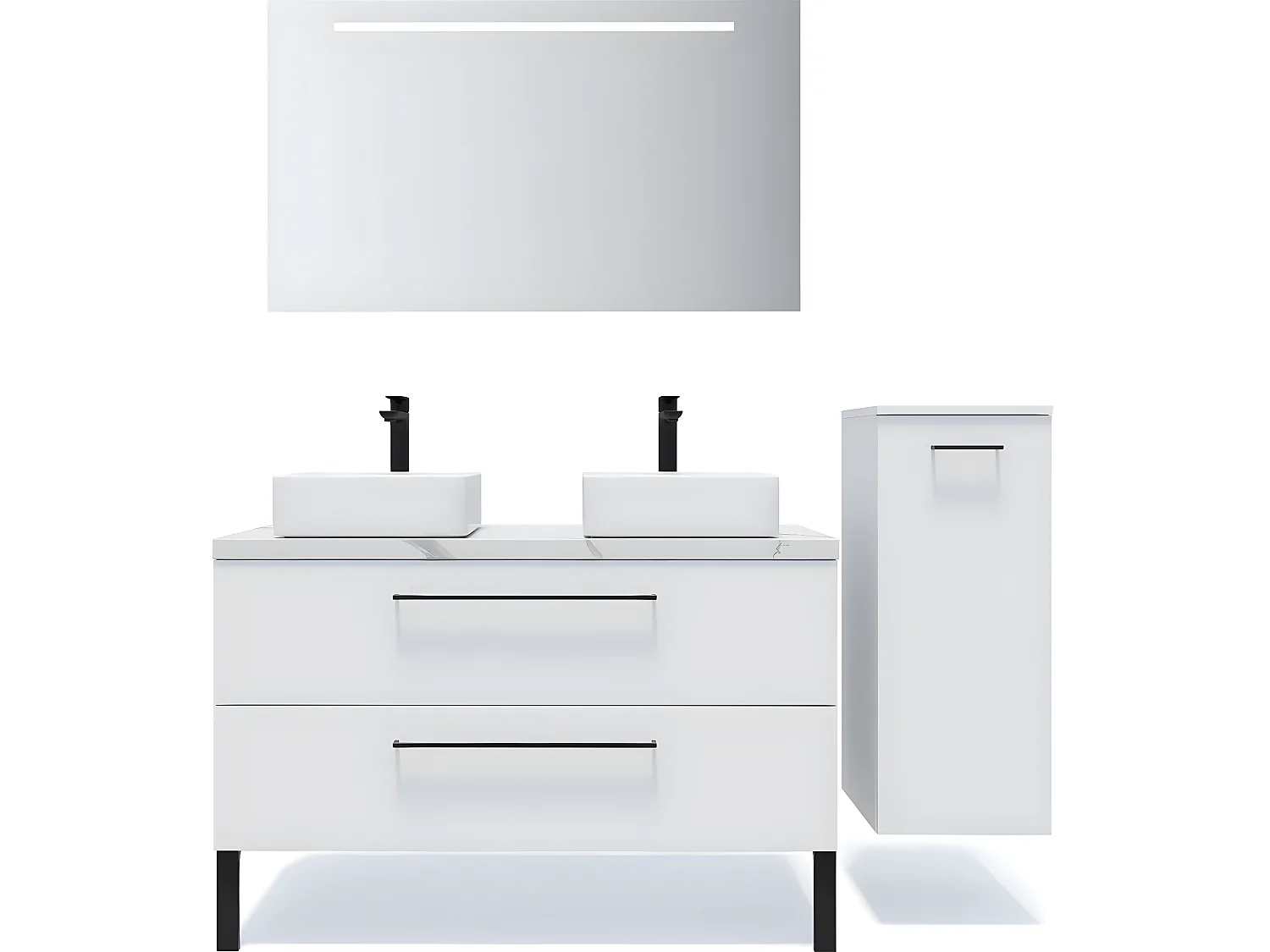 Meuble de salle de bain suspendu 2 vasques à poser 120cm 2 tiroirs Blanc + miroir + colonne ouverture droite - Glasgow