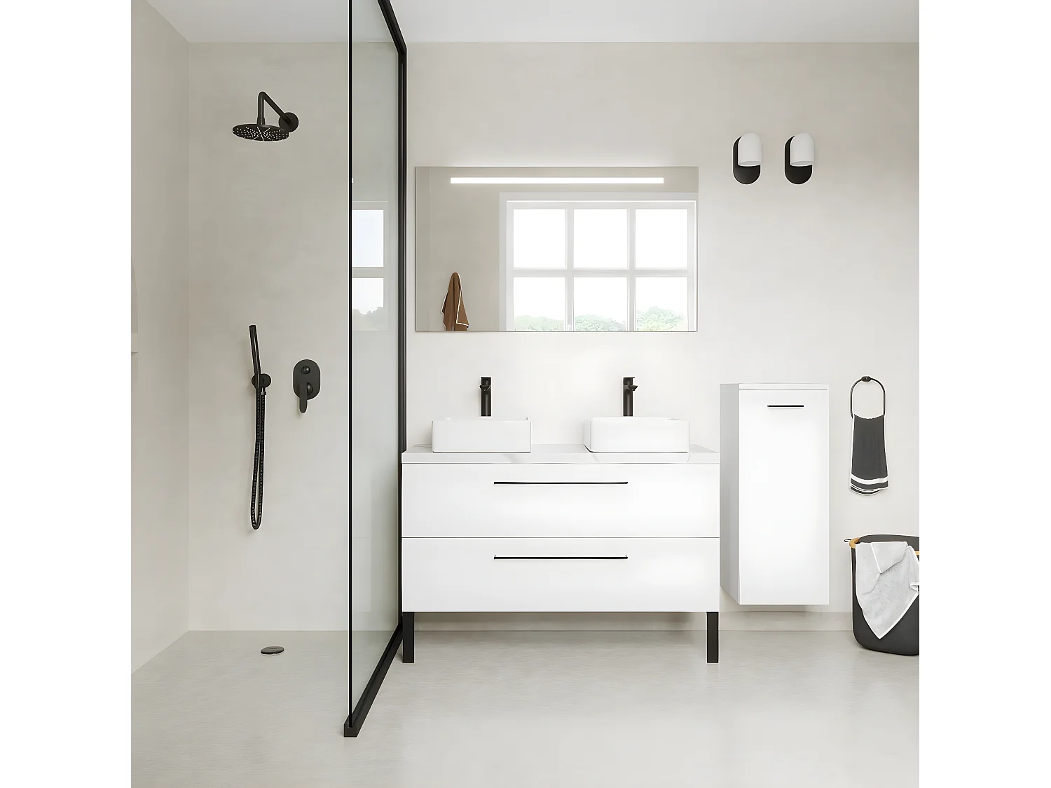 Meuble de salle de bain suspendu 2 vasques à poser 120cm 2 tiroirs Blanc + miroir + colonne ouverture droite - Glasgow