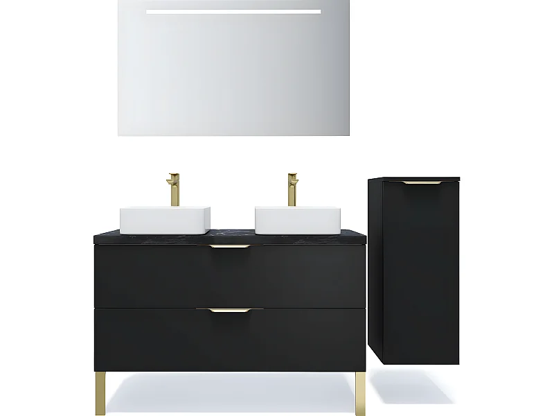 Meuble de salle de bain suspendu 2 vasques à poser 120cm 2 tiroirs Noir + miroir + colonne ouverture droite - Venice