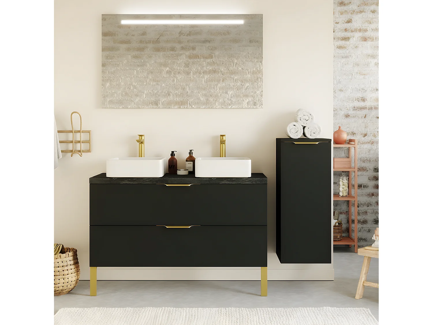 Meuble de salle de bain suspendu 2 vasques à poser 120cm 2 tiroirs Noir + miroir + colonne ouverture droite - Venice