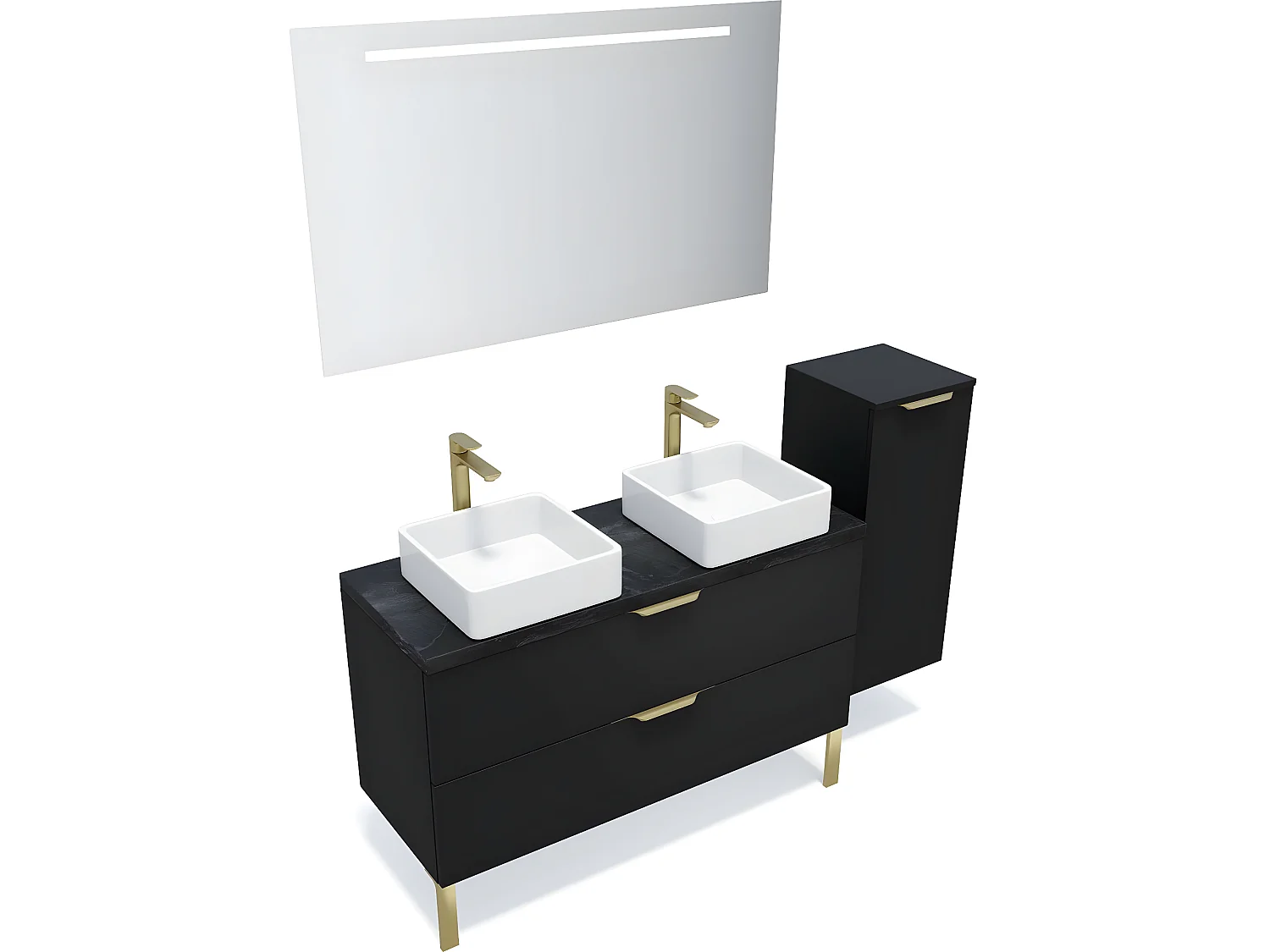 Meuble de salle de bain suspendu 2 vasques à poser 120cm 2 tiroirs Noir + miroir + colonne ouverture droite - Venice