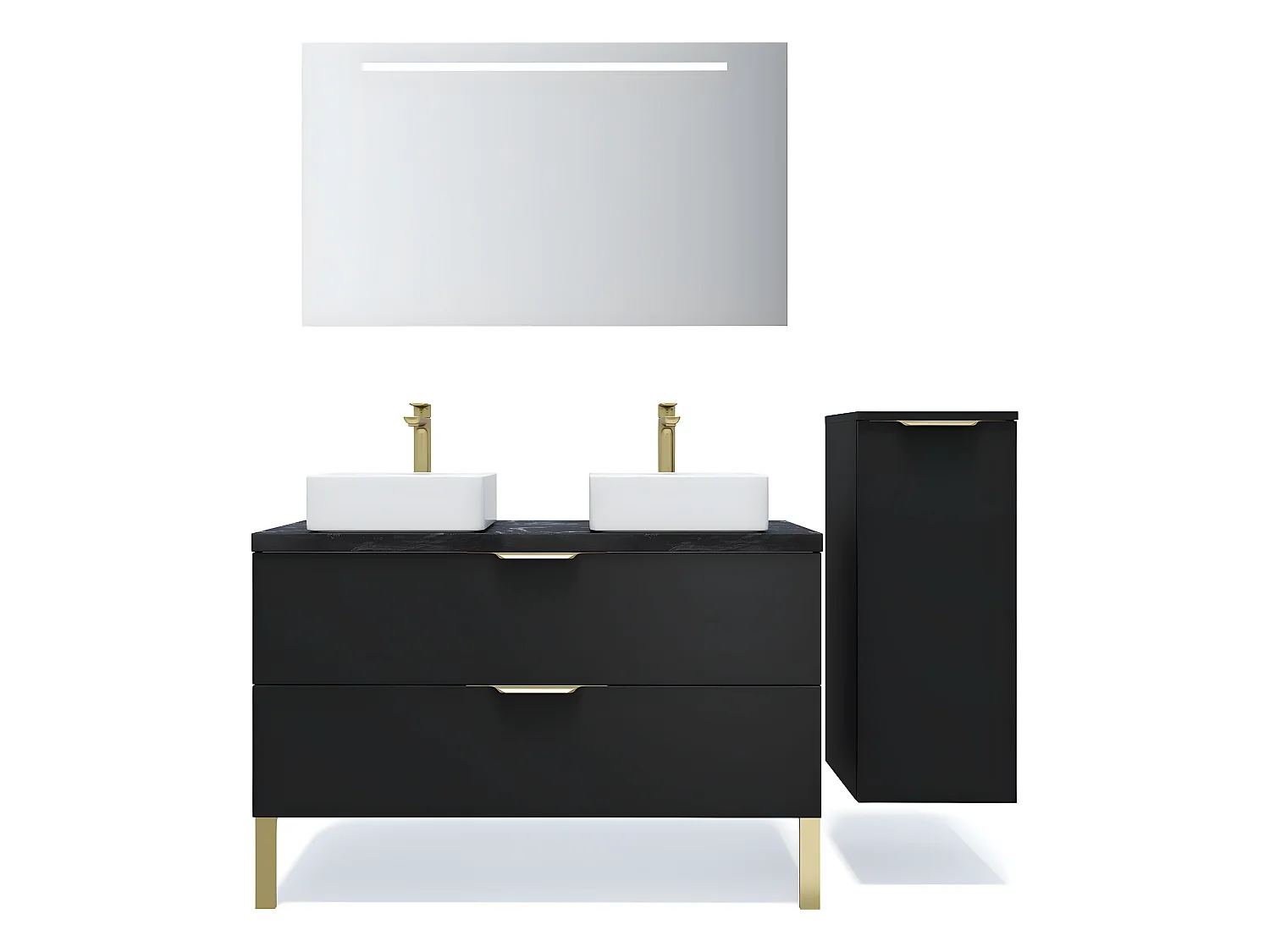 Meuble de salle de bain suspendu 2 vasques à poser 120cm 2 tiroirs Noir + miroir + colonne ouverture droite - Venice