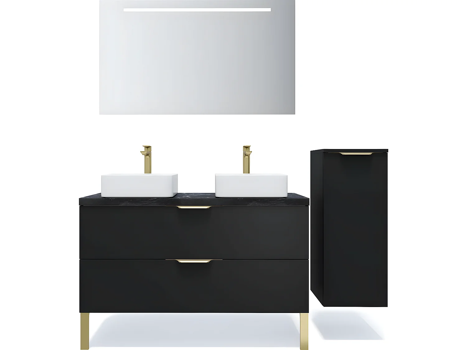 Meuble de salle de bain suspendu 2 vasques à poser 120cm 2 tiroirs Noir + miroir + colonne ouverture droite - Venice