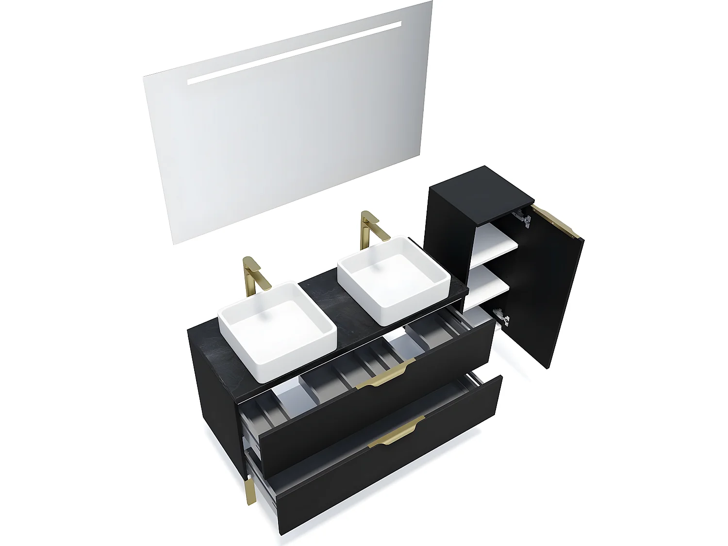 Meuble de salle de bain suspendu 2 vasques à poser 120cm 2 tiroirs Noir + miroir + colonne ouverture droite - Venice