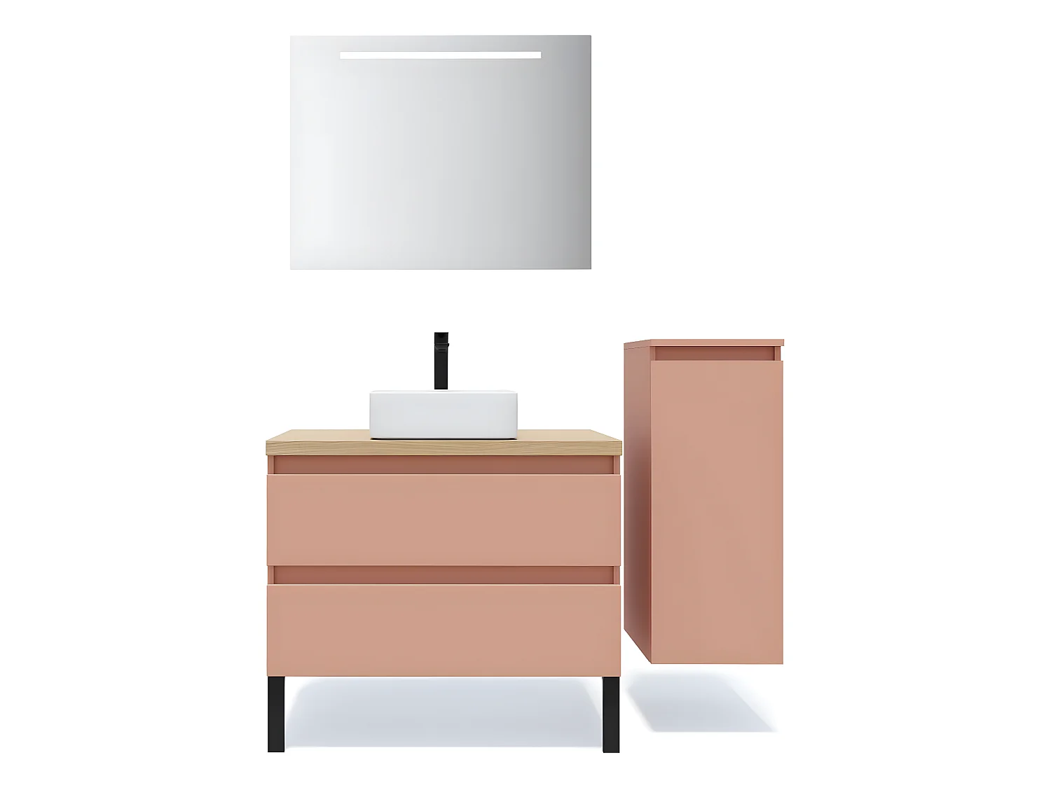 Meuble de salle de bain suspendu vasque à poser 90cm 2 tiroirs Abricot + miroir + colonne ouverture droite - Hudson