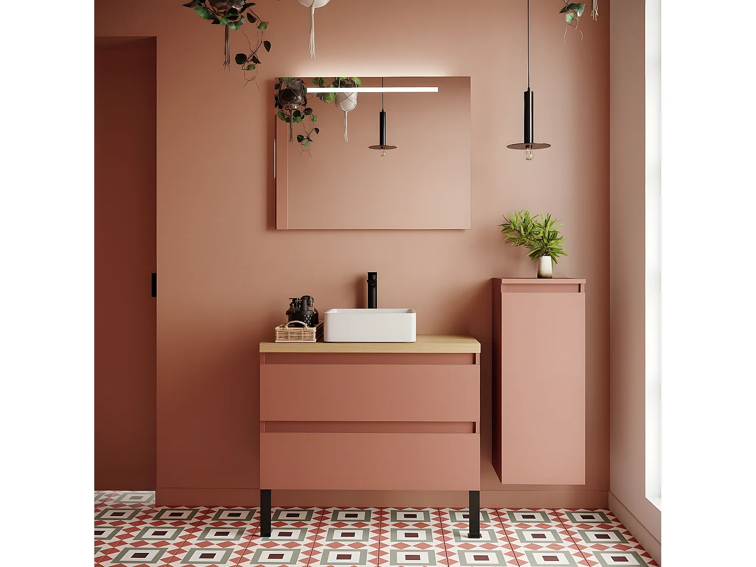 Meuble de salle de bain suspendu vasque à poser 90cm 2 tiroirs Abricot + miroir + colonne ouverture droite - Hudson