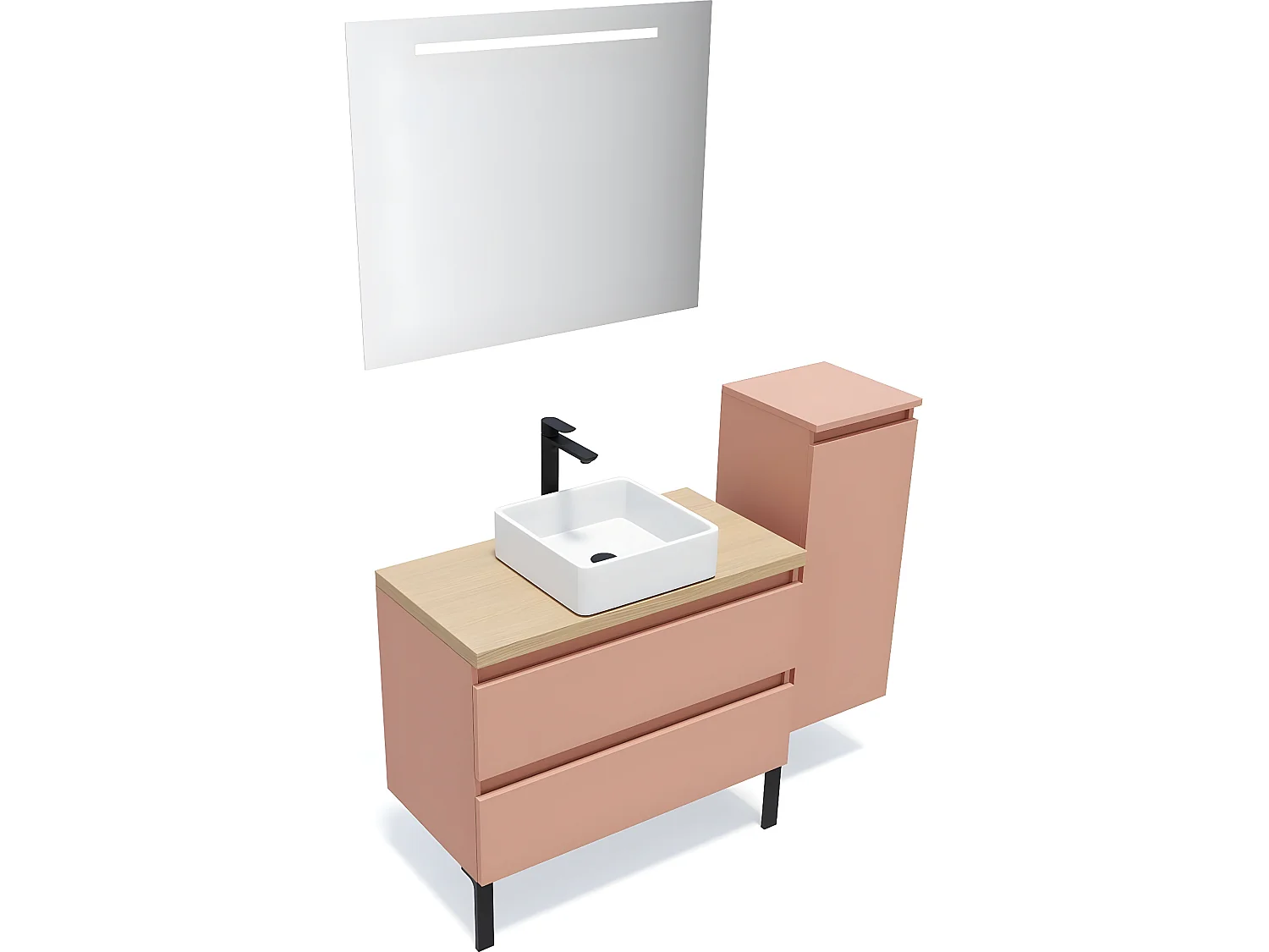 Meuble de salle de bain suspendu vasque à poser 90cm 2 tiroirs Abricot + miroir + colonne ouverture droite - Hudson