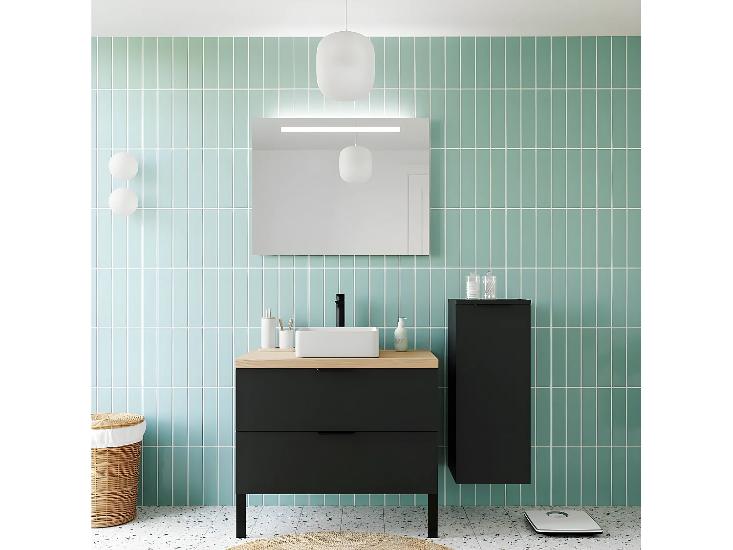 Meuble de salle de bain suspendu vasque à poser 90cm 2 tiroirs Noir + miroir + colonne ouverture droite - Soho