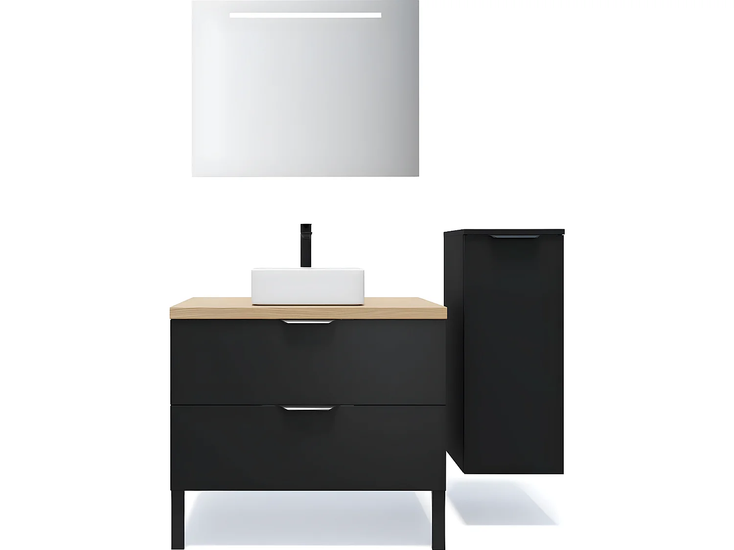 Meuble de salle de bain suspendu vasque à poser 90cm 2 tiroirs Noir + miroir + colonne ouverture droite - Soho