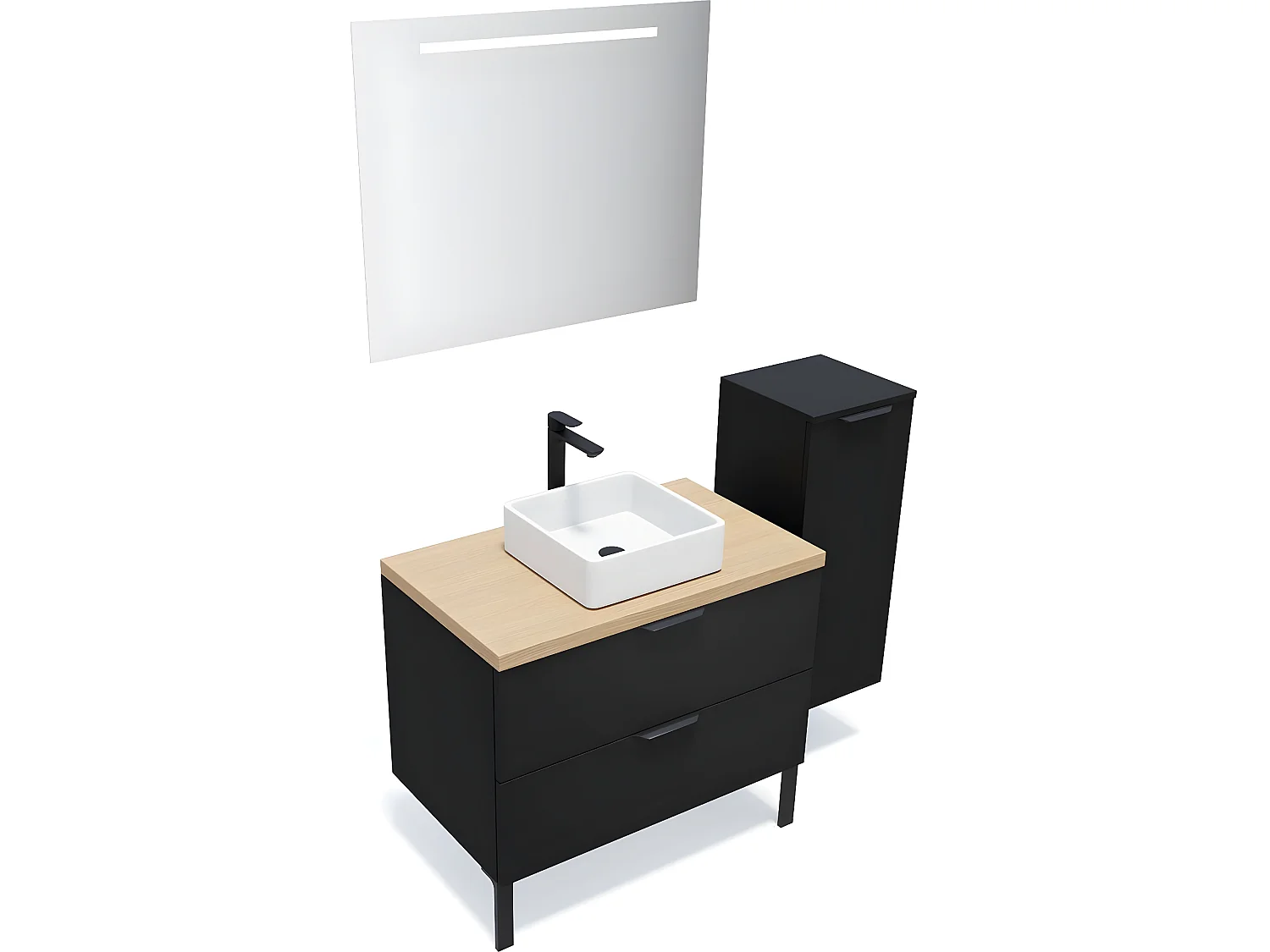 Meuble de salle de bain suspendu vasque à poser 90cm 2 tiroirs Noir + miroir + colonne ouverture droite - Soho