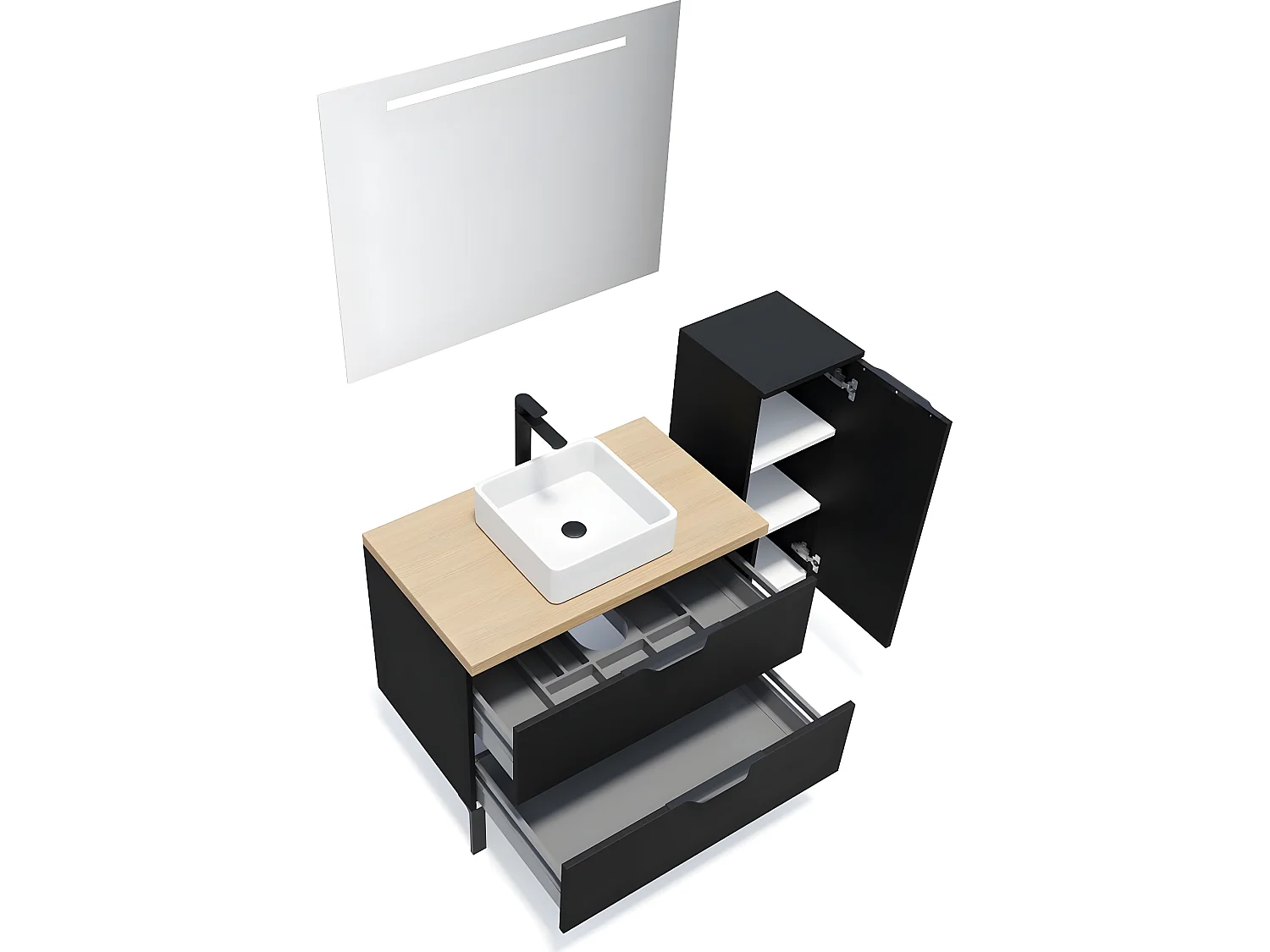 Meuble de salle de bain suspendu vasque à poser 90cm 2 tiroirs Noir + miroir + colonne ouverture droite - Soho