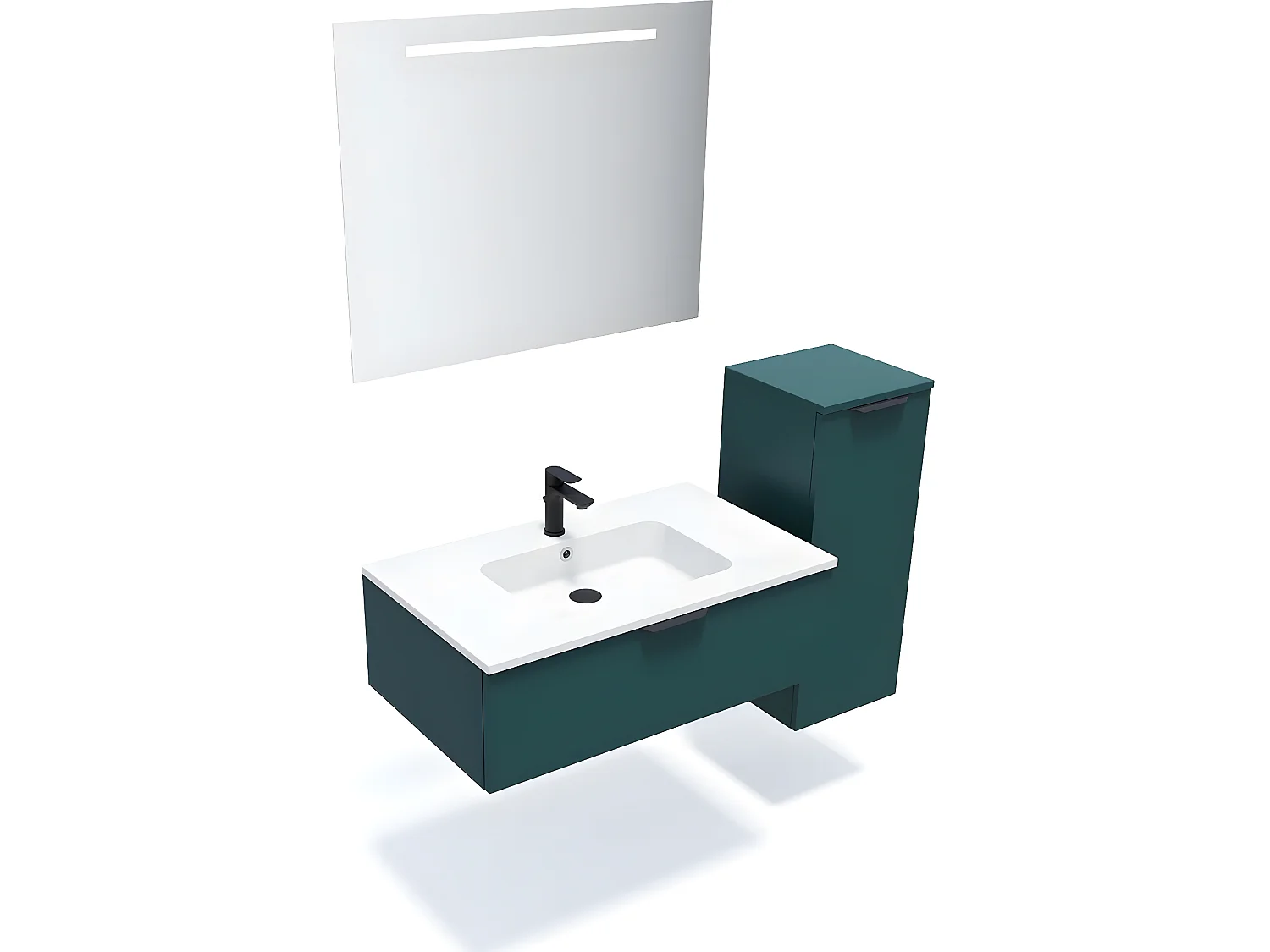 Meuble de salle de bain suspendu vasque intégrée 90cm 1 tiroir Bleu + miroir + colonne ouverture droite - Soho