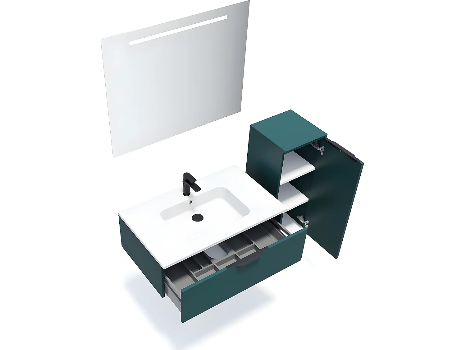 Meuble de salle de bain suspendu vasque intégrée 90cm 1 tiroir Bleu + miroir + colonne ouverture droite - Soho
